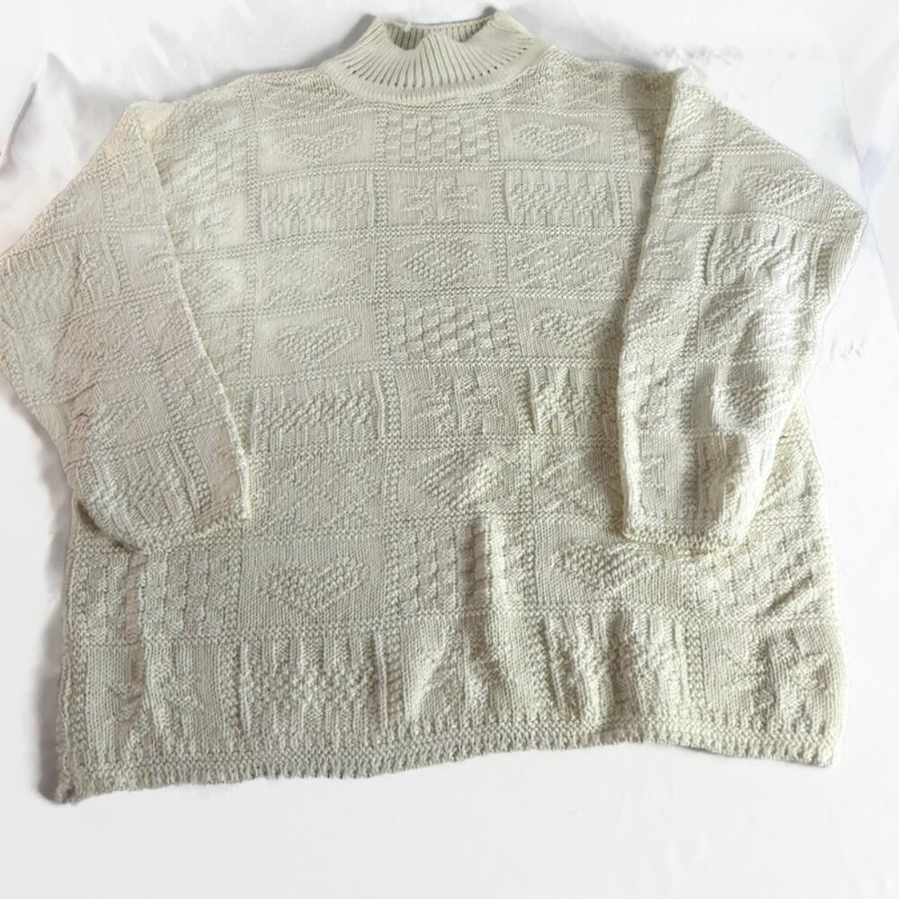 ABSOLUTELY COTTON Sweater Womens Large Mock Neck Ivory Knit Heart Vintage NWOT